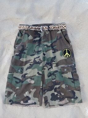 Camouflage Cargo Bottoms cut offs with Peace Patch - Green